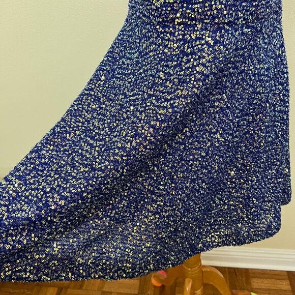 City Studios Juniors' Sequin Open-Back Skater Fit & Flare Dress 13/14 Blue - Picture 5 of 12